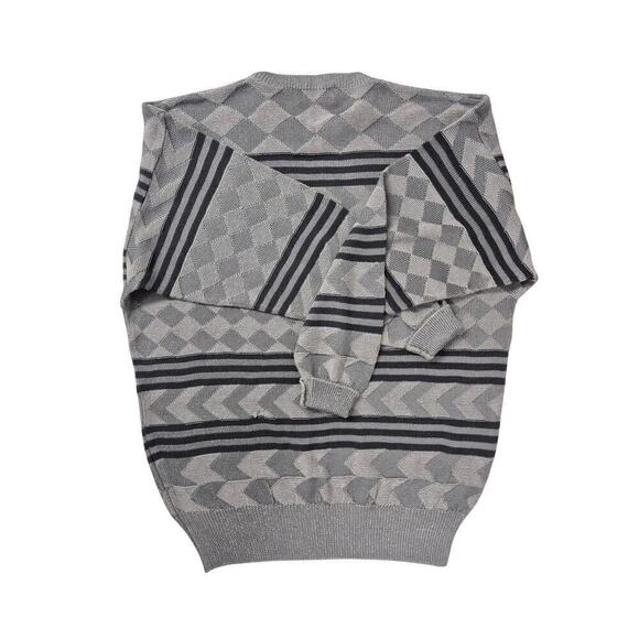 90s Y2K Mondo Italian Mens Sweater Silver/Black Diamond Stripe Zigzag Sz M - Picture 3 of 9